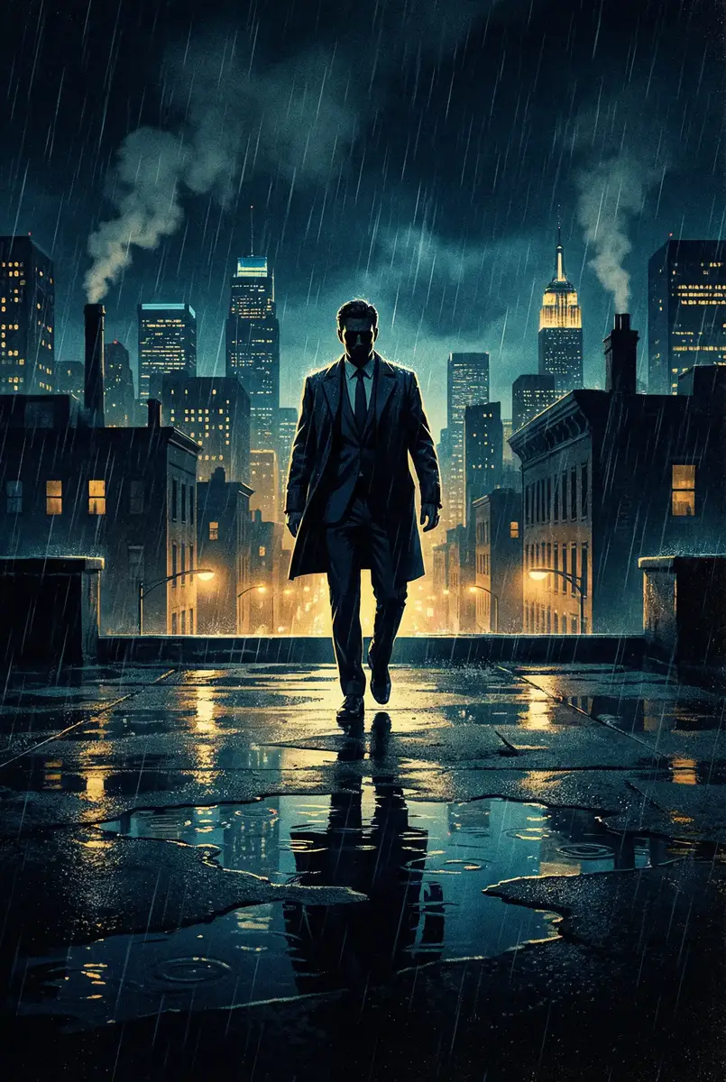 超碰伊人久久大香线蕉综合 出品影片《雨夜独行者》海报，雨中城市屋顶男性剪影